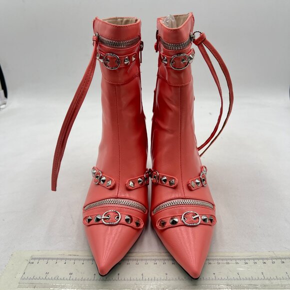 XYD Pink Ultra Fashion Pointed Toe Kitten Low Heels Zipped Rivets Ankle Boots - Picture 3 of 9